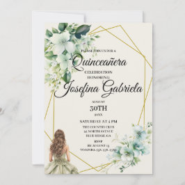 Quinceañera green floral Invitation Kaart
