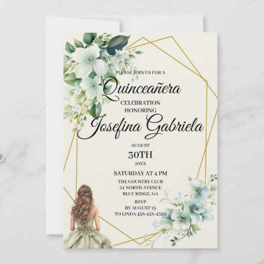 Quinceañera green floral Invitation Kaart (Voorkant)