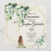 Quinceañera green floral Invitation Kaart (Voorkant / Achterkant)