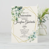 Quinceañera Green floral Invitation Kaart (Staand voorkant)