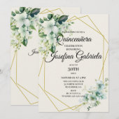 Quinceañera Green floral Invitation Kaart (Voorkant / Achterkant)