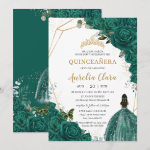 Quinceañera Green Rozen Floral Gold Princess Crown Kaart