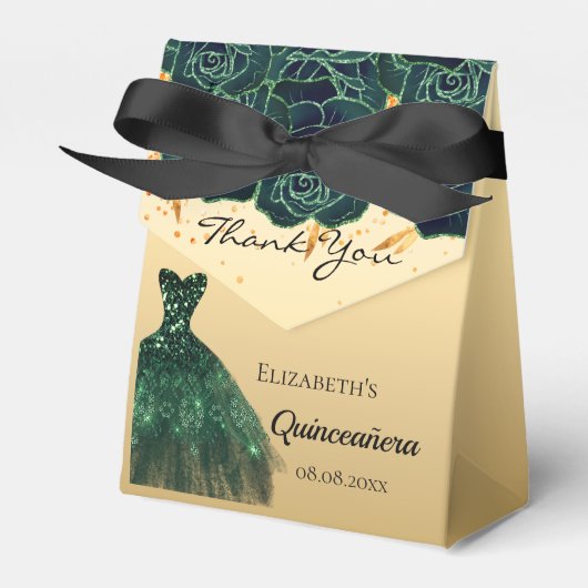 Quinceanera groen goud bloemenjurk dank u bedankdoosjes (Voorkant Zijde)