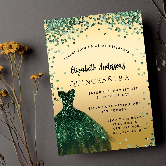 Quinceanera groen goud jurk elegant kaart