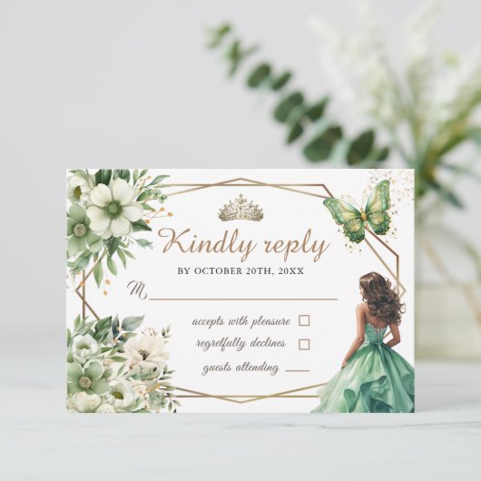 Quinceañera Groen Goud Tiara Bloemvlinder RSVP (Staand voorkant)
