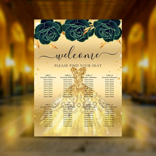 Quinceanera groen gouden jurk bloemen poster