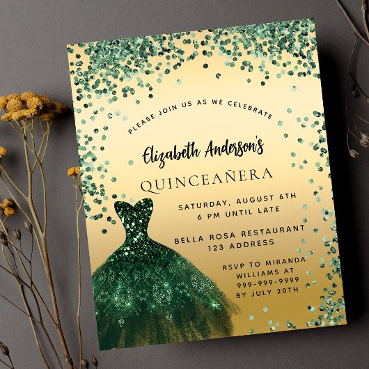 Quinceanera groen gouden jurk budget uitnodiging flyer