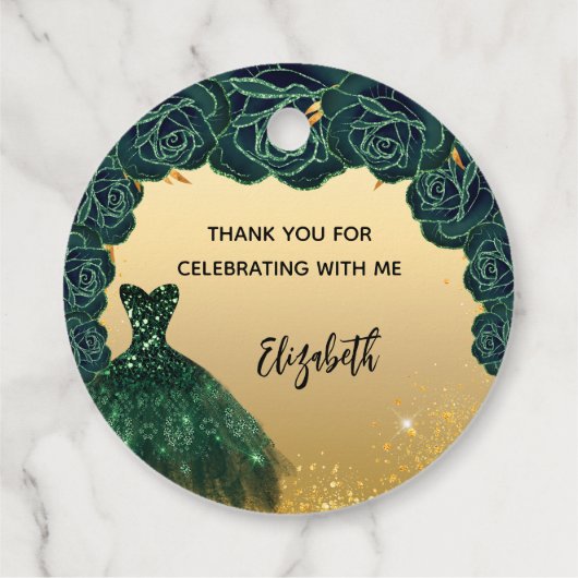 Quinceanera groen gouden jurk Dank je Bedankjes Labels (Achterkant)