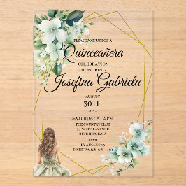 Quinceanera groene bloemen acryl uitnodigingen