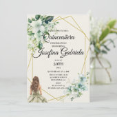 Quinceañera groene bloemen uitnodiging (Staand voorkant)