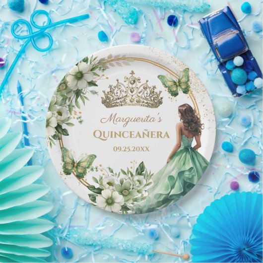 Quinceañera Groene Bloemen Vlinder Gouden Tiara Papieren Bordje (Feest)