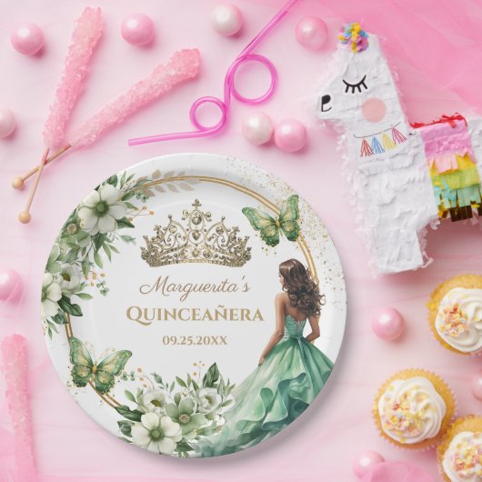 Quinceañera Groene Bloemen Vlinder Gouden Tiara Papieren Bordje (Feest)