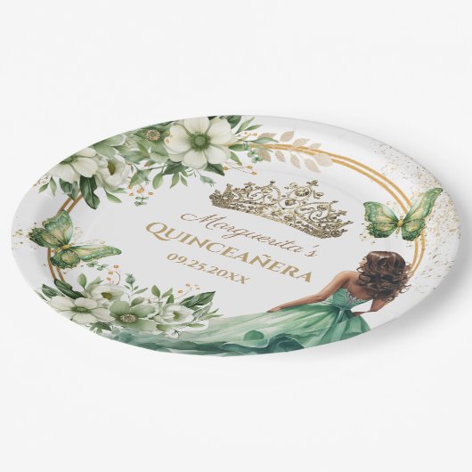Quinceañera Groene Bloemen Vlinder Gouden Tiara Papieren Bordje (Gekanteld)