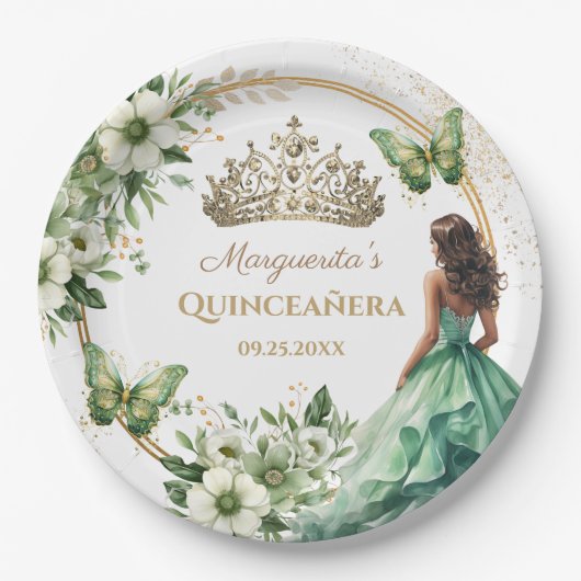 Quinceañera Groene Bloemen Vlinder Gouden Tiara Papieren Bordje (Voorkant)