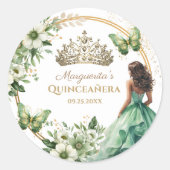 Quinceañera Groene Bloemen Vlinder Gouden Tiara Ronde Sticker (Voorkant)