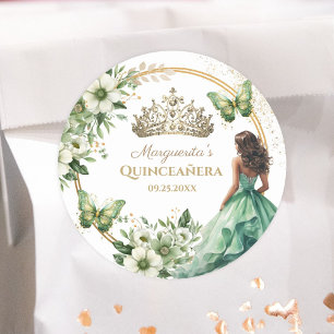 Quinceañera Groene Bloemen Vlinder Gouden Tiara Ronde Sticker