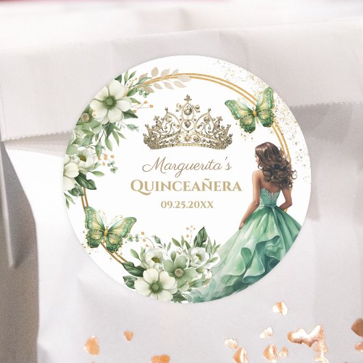 Quinceañera Groene Bloemen Vlinder Gouden Tiara Ronde Sticker