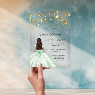 Quinceanera groene gouden jurk sterren helder acryl uitnodigingen