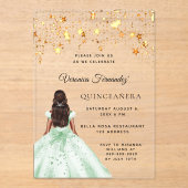 Quinceanera groene gouden jurk sterren helder acryl uitnodigingen (Voorkant)