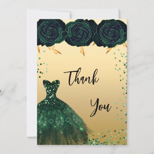 Quinceanera groene jurk bloemen dank u kaart (Voorkant)
