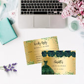 Quinceanera groene jurk bloemen gouden RSVP kaart