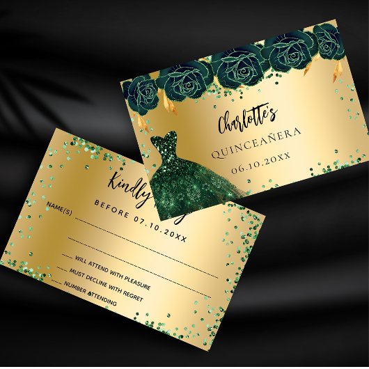 Quinceanera groene jurk bloemen gouden RSVP kaart