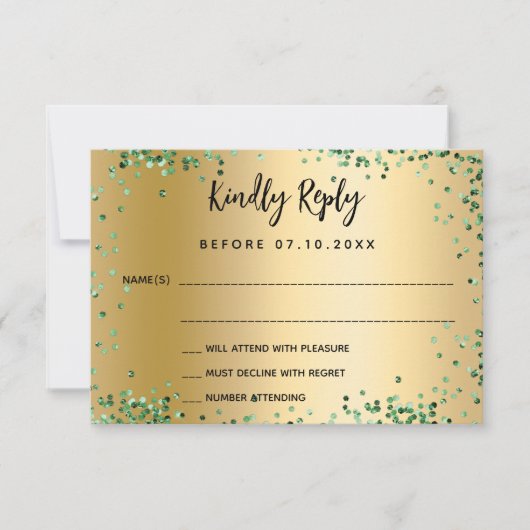 Quinceanera groene jurk bloemen gouden RSVP kaart (Voorkant)