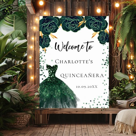 Quinceanera groene jurk bloemen welkom poster
