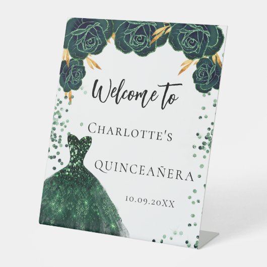 Quinceanera groene jurk bloemen welkom reclamebord met voetstuk (Voorkant)