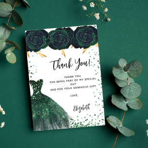 Quinceanera groene jurk florals bedankje kaart
