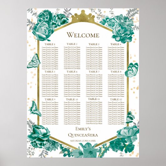 Quinceanera Groene Zitkaart Teken Vlinders Poster (Voorkant)