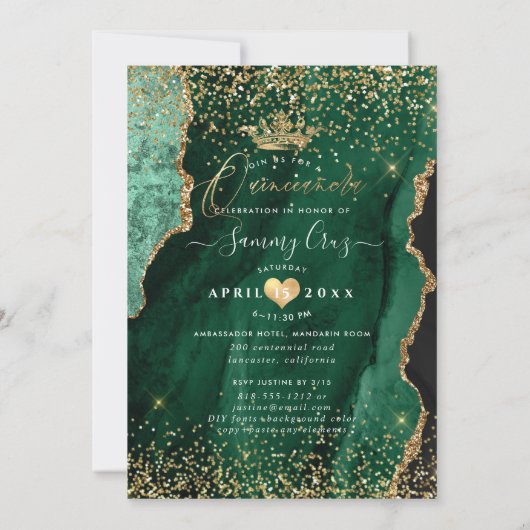 Quinceanera H2 Jade Green Agate Faux Gold Dust Kaart (Achterkant)