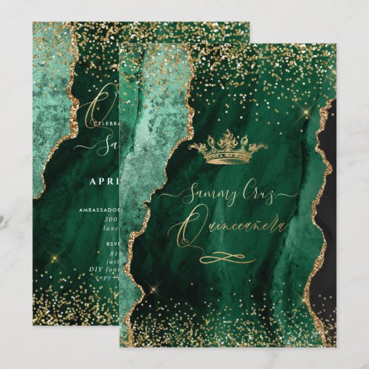 Quinceanera H2 Jade Green Agate Faux Gold Dust Kaart (Voorkant / Achterkant)