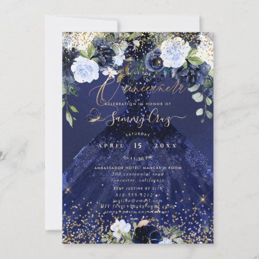 Quinceanera H2 marineblauwe jurk gouden glitter Kaart (Achterkant)