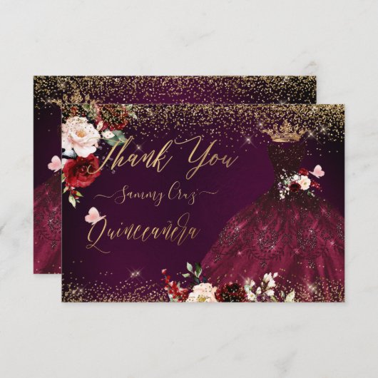 Quinceanera Hartelijk dank voor de Bourgogne Glitt Bedankkaart (Voorkant / Achterkant)