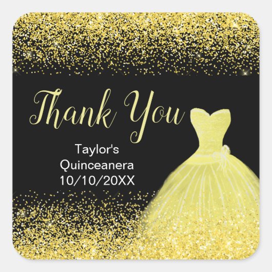 Quinceanera Helder Gele Jurk Faux Glitter Vierkante Sticker (Voorkant)