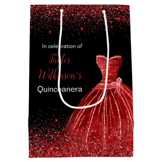 Quinceanera Helder Rood Jurk Faux Glitter Medium Cadeauzakje (Achterkant)