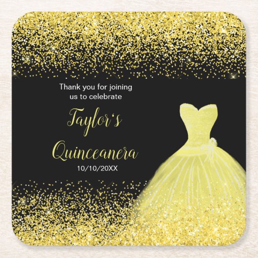 Quinceanera Heldergele Faux Glitter Kartonnen Onderzetters (Voorkant)