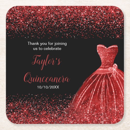 Quinceanera Helderrode Faux Glitter Kartonnen Onderzetters (Voorkant)
