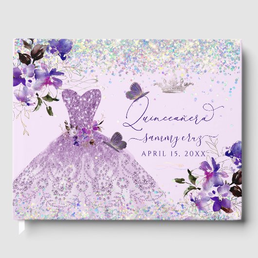 Quinceanera holografische glitter Paarse zoete erw Gastenboek (Voorkant)