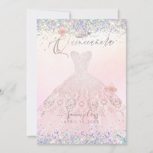 Quinceanera Holographic Confetti Blush Pink Dress Kaart (Voorkant)