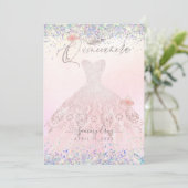 Quinceanera Holographic Confetti Blush Pink Dress Kaart (Staand voorkant)
