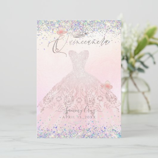 Quinceanera Holographic Confetti Blush Pink Dress Kaart (Staand voorkant)