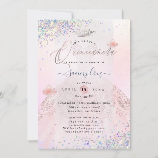 Quinceanera Holographic Confetti Blush Pink Dress Kaart (Achterkant)