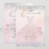 Quinceanera Holographic Confetti Blush Pink Dress Kaart (Voorkant / Achterkant)