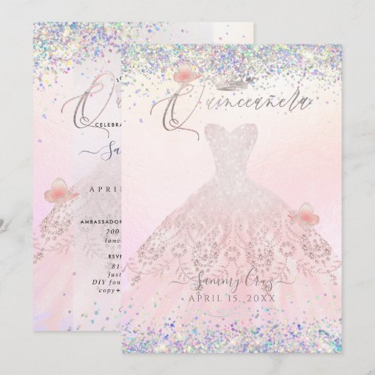 Quinceanera Holographic Confetti Blush Pink Dress Kaart (Voorkant / Achterkant)