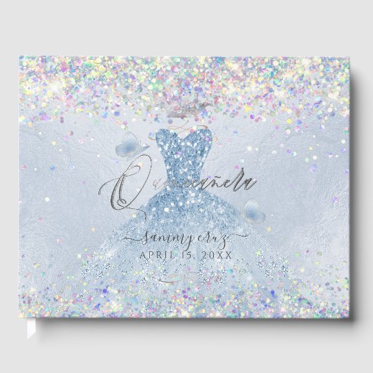 Quinceanera Holographic Confetti Dusty Blue Dress Gastenboek (Voorkant)