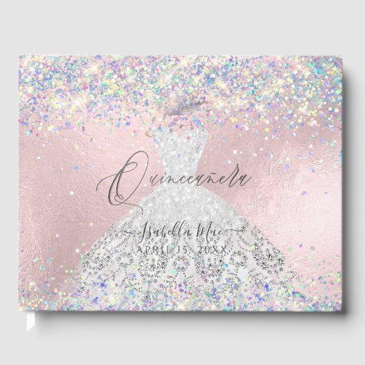 Quinceanera Holographic Confetti White Silver Gastenboek (Voorkant)