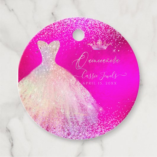 Quinceanera Hot Pink & Blush Sparkle Dress Princes Bedankjes Labels (Voorkant)