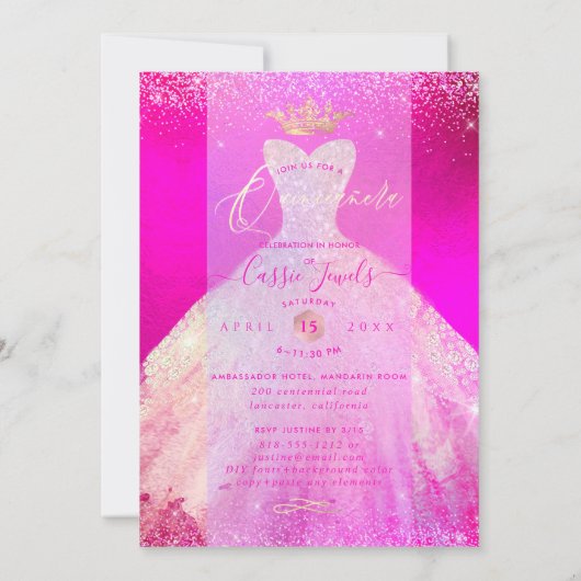 Quinceanera Hot Pink & Blush Sparkle Princess Dres Kaart (Achterkant)